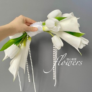 Bó hoa cưới cầm tay cô dâu, bó hoa chụp ảnh từ hoa nhân tạo, hoa rum , tulip và hạt trai Ceveria C0255