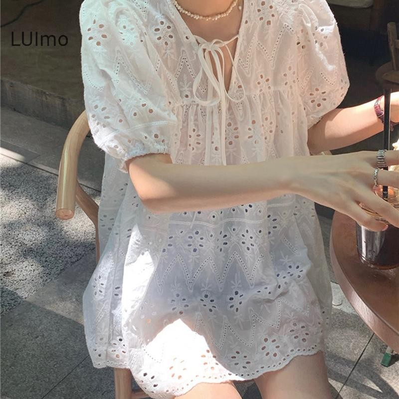 Luimo Áo Nữ Rỗng Ra Tay Phồng Phù Hợp Với Đầm Ren Cổ Chữ V Mỏng Mùa Hè Rời Thời Trang Chắc Chắn Đơn Giản Thường Ngày Nữ Thoáng Khí Ấm Áp Ins Mini Dress SBS