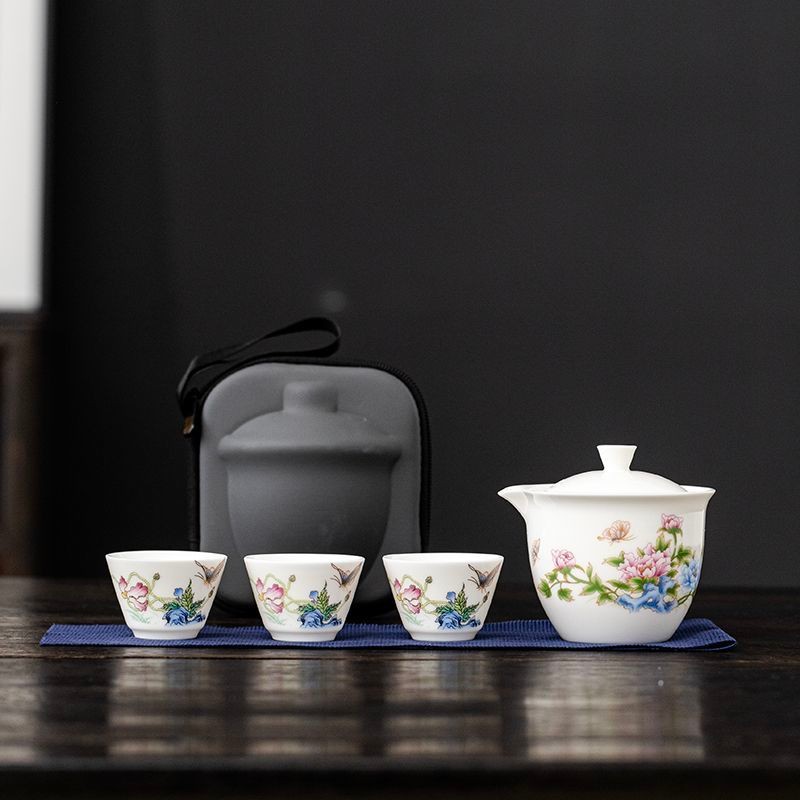 ✨Bộ trà du lịch Suet Jade & Một nồi Ba cốc & Túi xách tay & Ấm trà di động ngoài trời