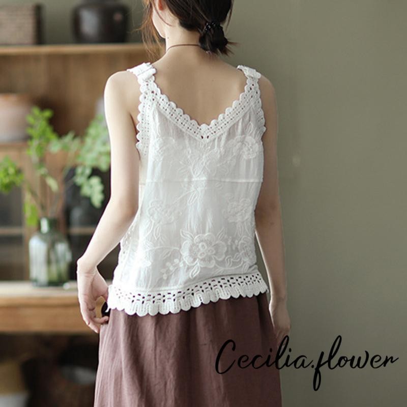 Áo Tank Nữ Thêu Hoa Cổ Chữ V Áo Vest Mùa Hè Không Tay Áo Dạo Phố