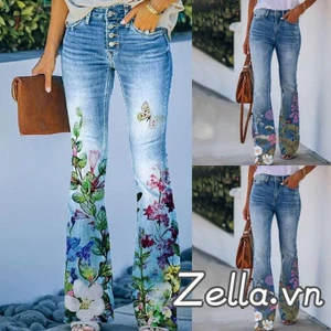 Quần jean nữ mùa xuân mùa hè loe in hoa đáy chuông mỏng Quần Denim