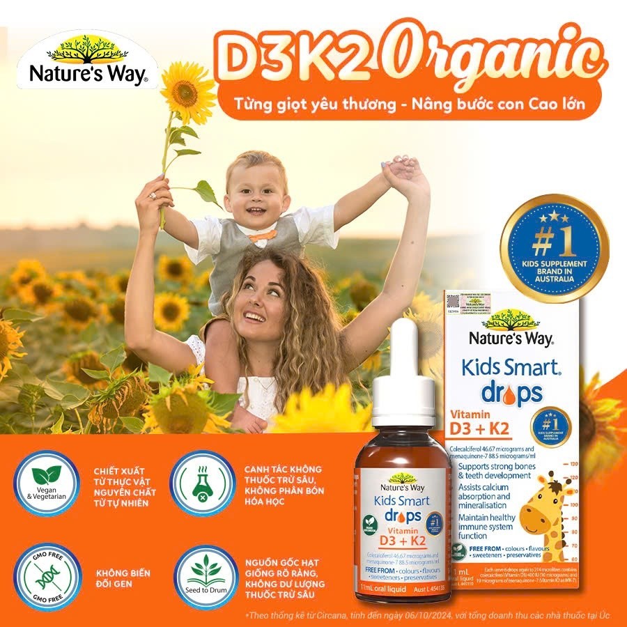 Vitamin D3k2 Organic Nature's Way, D3K2 Cho Trẻ Sơ Sinh  Hoa Hướng Dương Organic Hộp 11ml