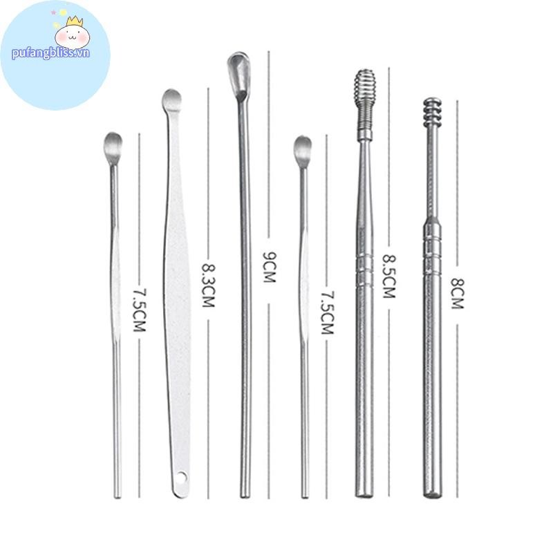 Pufangbliss 6 Cái / bộ Dụng cụ lấy ráy tai Dụng cụ lấy ráy tai bằng thép không gỉ Dụng cụ tẩy ráy tai Curette Thìa Chăm sóc tai Dụng cụ làm sạch tai VN