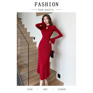 Rỗng Nửa Cổ Rùa Đầm Dệt Kim Nữ Thu Đông Over-the-Knee HẤP DẪN