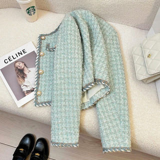 Xanh Pháp Tinh Tế Tweed Nhỏ Hương Thơm Ngắn Áo Khoác Nữ Thu Đông 2024 Phong Cách Mới Nhỏ Thời Trang Hàng Đầu Hợp Thời Trang