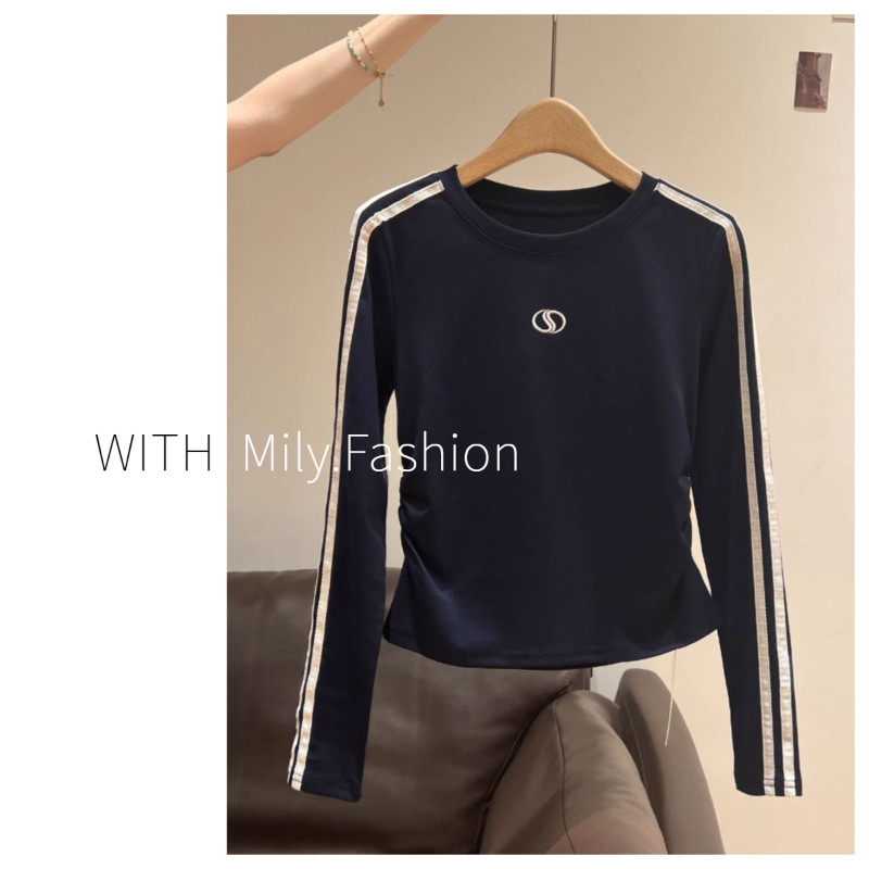 Áo phông dài tay thiết kế phối màu tương phản xanh navy Milyfashion áo mặc trong tôn dáng gầy chít eo xếp ly đầu thu cho nữ áo khí chất