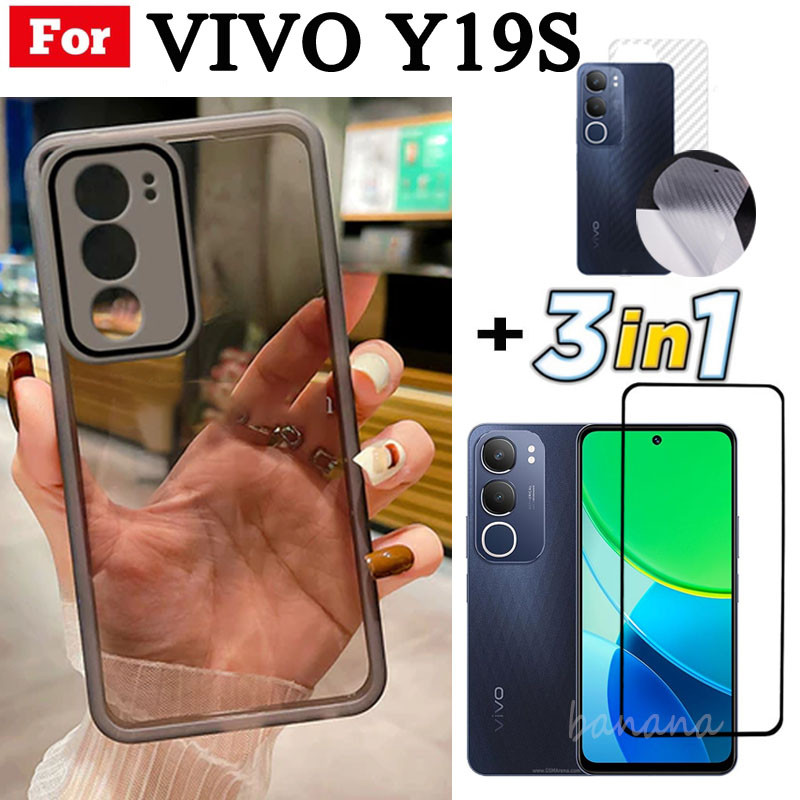 Ốp điện thoại trong suốt bằng silicon mềm TPU 3 trong 1 Vivo Y19S Y18 Y18E Y28 4G Y03 có vỏ bảo vệ Camera + Kính cường lực riêng tư + Phim mặt sau