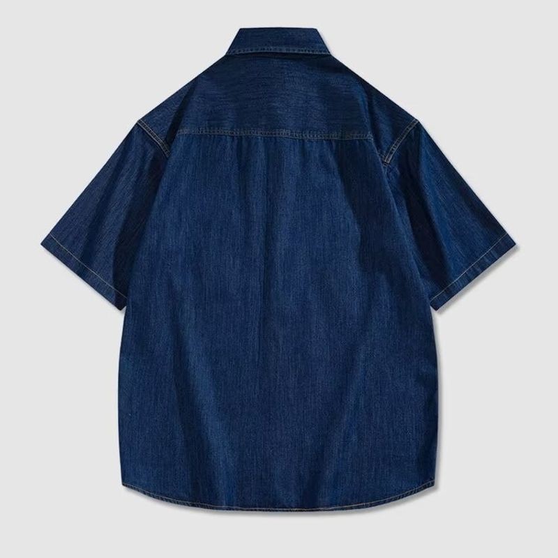 ThaliaWisp Nam Denim Áo Sơ Mi Tay Ngắn Mùa Hè Rời Mỹ Retro Đơn Giản Đa Năng Thường Ngày Hàng Đầu