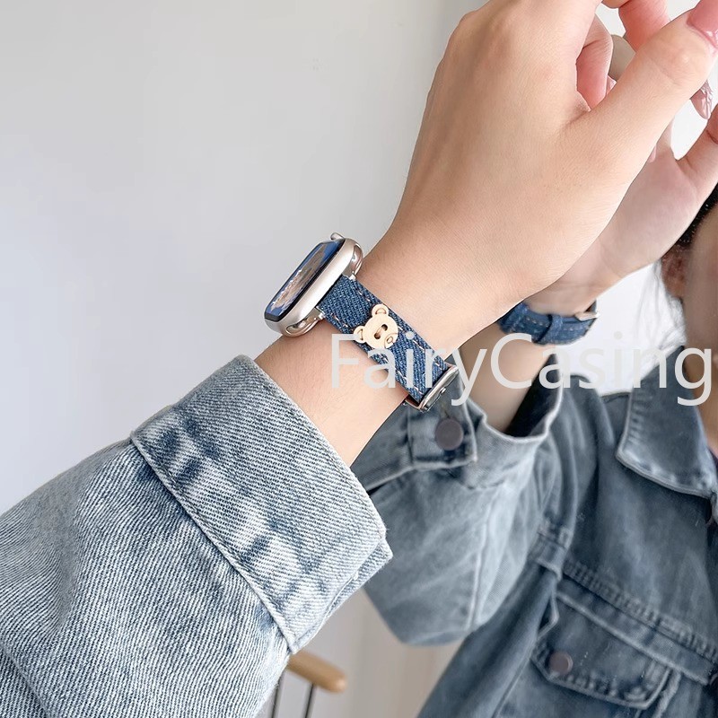 Dây đeo Denim gấu nhỏ cho Apple Watch Series 10 9 8 7 38 40 41mm 42mm 44 45mm 46mm Ultra2 49mm iwatch Vòng tay mỏng