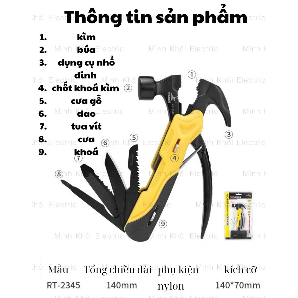 Búa đa năng Rdeer cao cấp RT-2345,búa rìu kìm đa năng hỗ trợ thoát hiểm,cứu hộ,picnic,sinh tồn,búa nhổ đinh, búa thép