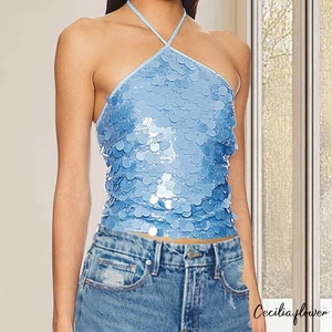 Áo Tank Nữ Sequins Buộc Dây Cổ Áo Vest Mùa Hè Không Tay Áo Dạo Phố