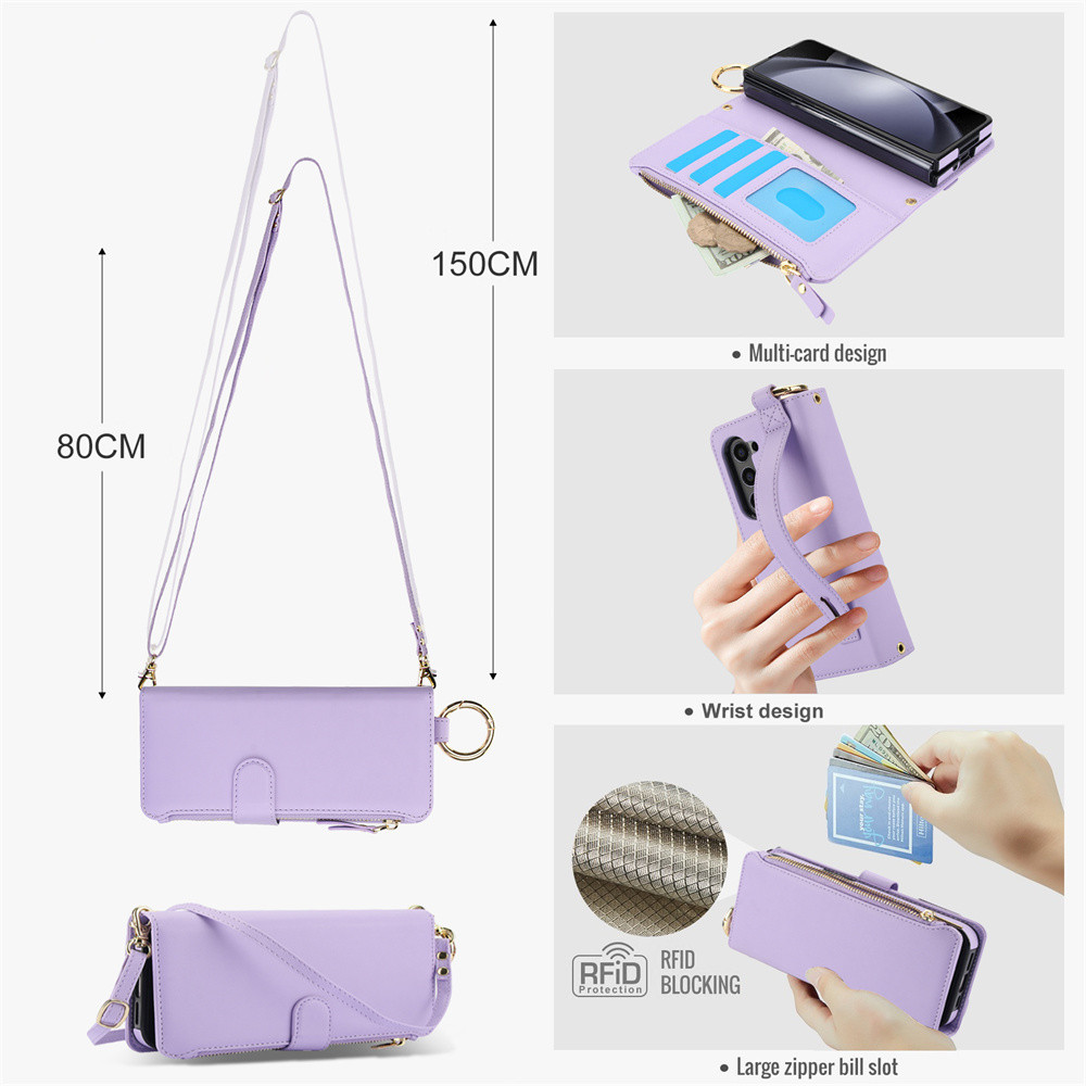 Ốp Điện Thoại Ví Đeo Ngang Cho Samsung Galaxy Z Fold 6 5 4 3 Fold6 Fold5 Fold4 Fold3 5G Thẻ Solt Giá Đỡ Vòng Da PU