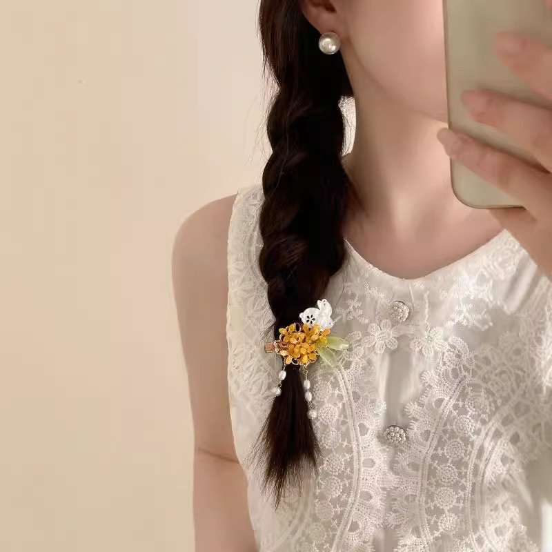 MAUROPOLI [Sẵn Sàng] Thỏ Cổ Osmanthus Tua Rua Kẹp Tóc Nữ Hanfu Trung Thu Lễ Hội Phụ Kiện Tóc Mỏ Vịt Kẹp Mũ Đội Đầu Nổ Cặp Kẹp