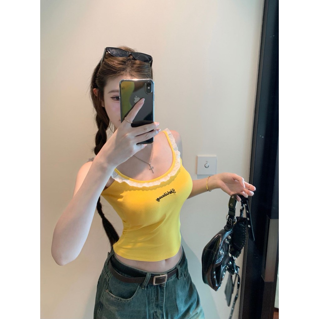 Dopamine Ren Vàng Camisole Nữ Hot Girl Gợi Cảm Một Vai Ống Top