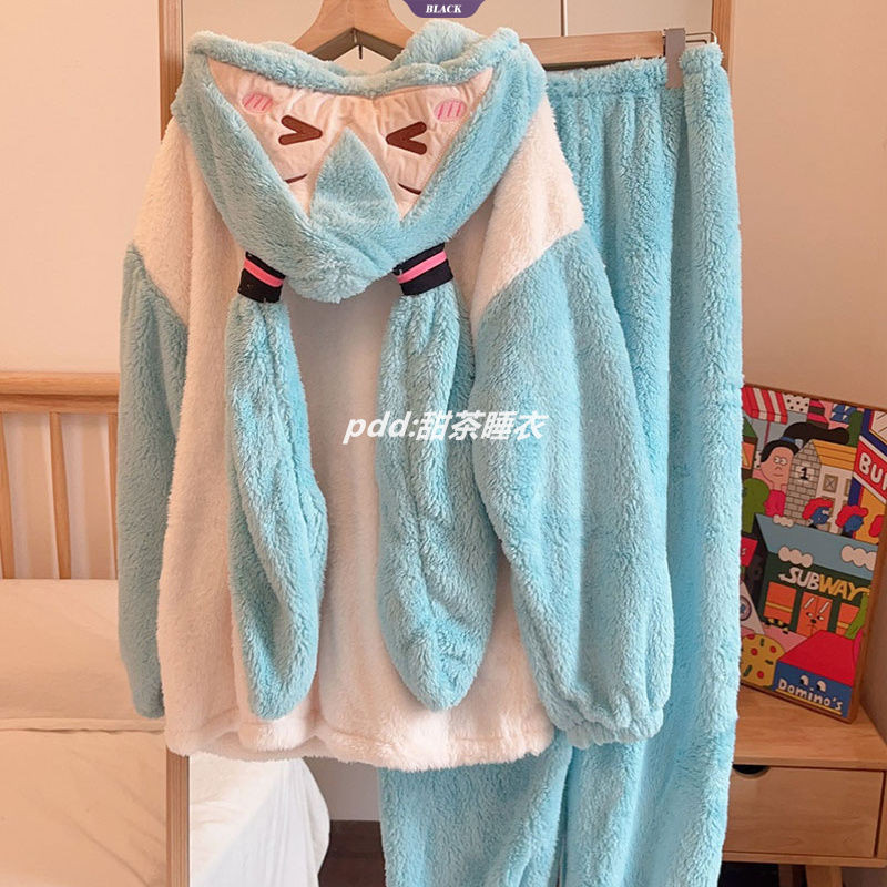 Ins Wind Hatsune Miku Coral Velvet Bộ Đồ Ngủ Nữ Thu Đông Dày Và Đệm Ấm Áp Flannel Loungewear Suit [BL]