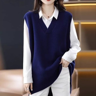 Áo Vest Xanh Navy Size Lớn Giữa Chiều Dài Dệt Kim Vest Nữ Thu Đông Cổ Chữ V Áo Chui Đầu Áo Len Nữ
