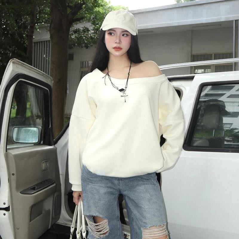 Áo Sweater Nữ Trơn Tay Dài Lệch Vai PINKSTORE29 Phong Cách Basic A51229