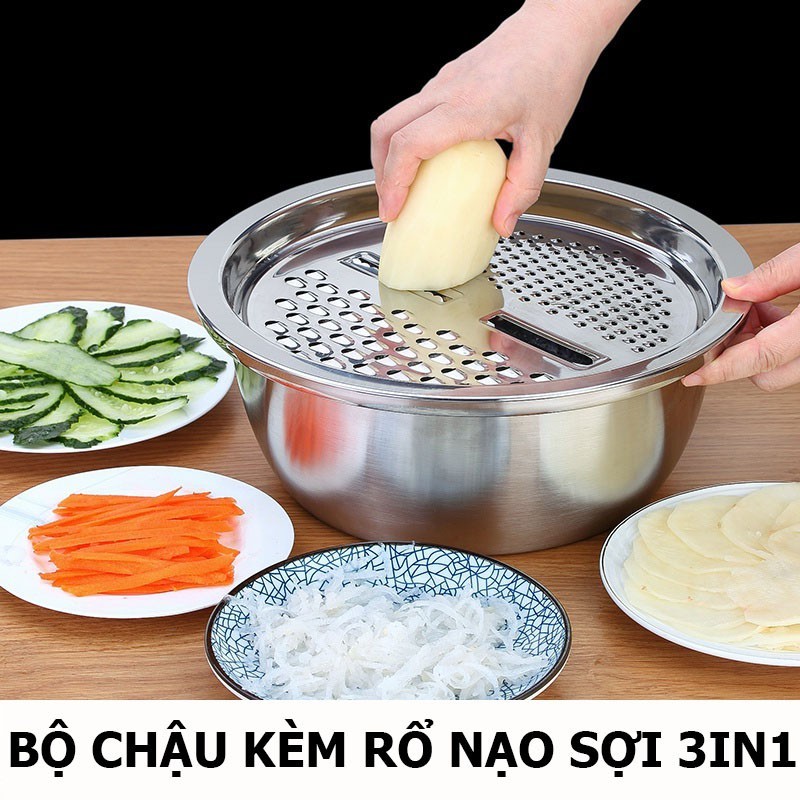Bộ nạo rau củ 3 món bào Nhật Bản, Rổ nạo rau củ kiêm rổ và chậu inox cao cấp đa năng,tiện lợi