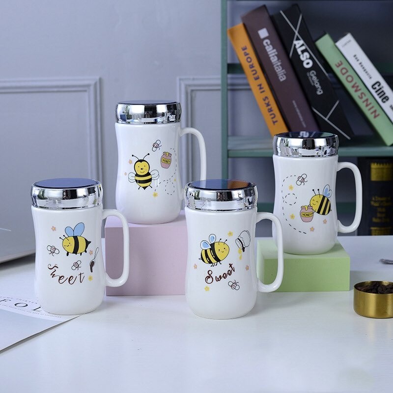 Cốc sứ giữ nhiệt có quai cầm,ca sứ uống nước nắp đậy tráng gương 400ml