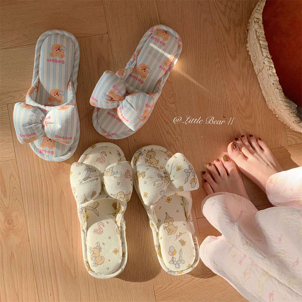 Xixitiao Dép Đi Trong Nhà Gấu Nơ Dễ Thương Vải Lanh Cotton Hút Mồ Hôi Thoáng Khí Giày