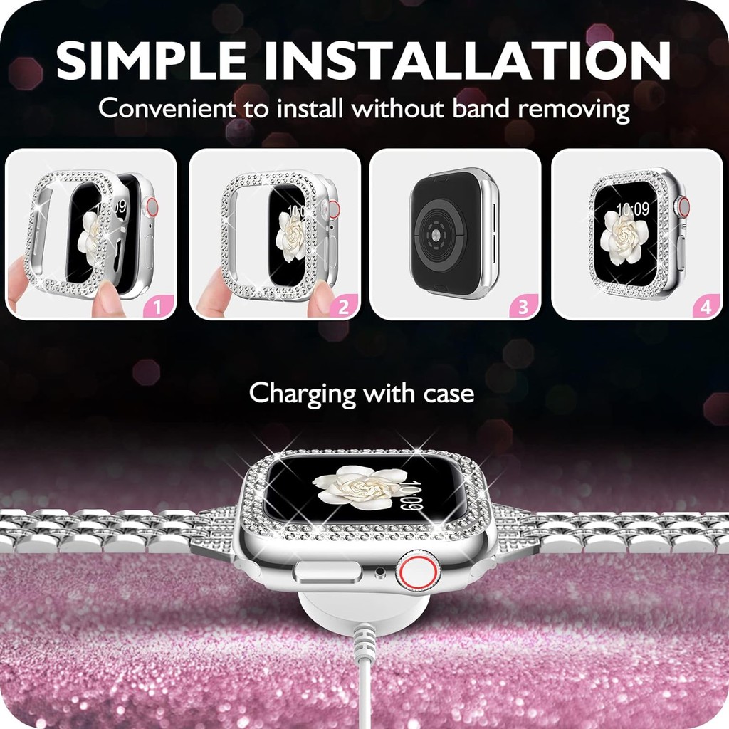 Bling Bướm Kim Cương Ban Nhạc + Ốp Lưng Cho Apple Watch Dây 40mm 41mm 44mm 45mm Nữ Thép Không Gỉ Vòng Tay Kim Loại iWatch Series 9 8 7 6 5 4 SE