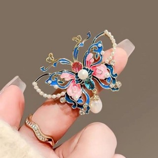 MAUROPOLI [Sẵn sàng] Phong cách cổ xưa Cloisonne Tính khí Vẽ hình con bướm bên kẹp Retro Thanh lịch Sườn xám Hanfu Nữ Men Kẹp tóc Phụ kiện Ngọc trai