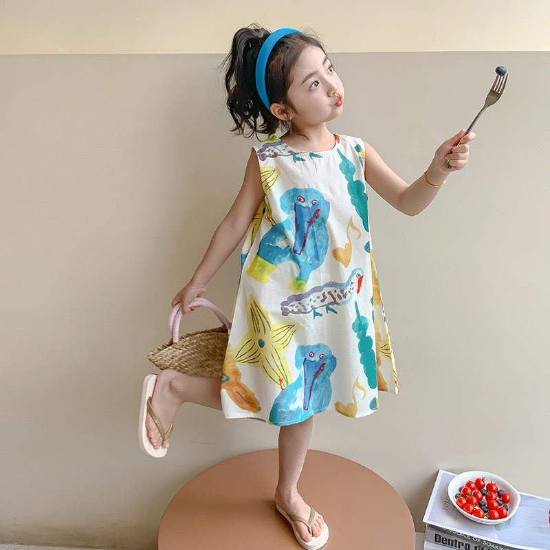 Đầm Bé Gái Mùa Hè Cotton Nguyên Chất Đầm Công Chúa Váy Dài Chữ A In Hình Phiên Bản Hàn Quốc 1J99