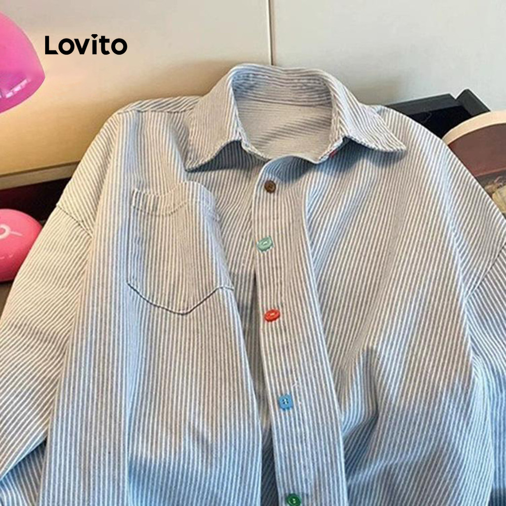 Ảnh Lovito Áo Sơ Mi Sọc Xanh Trắng Cúc Nhiều Màu Cho Nữ LNL70230 1