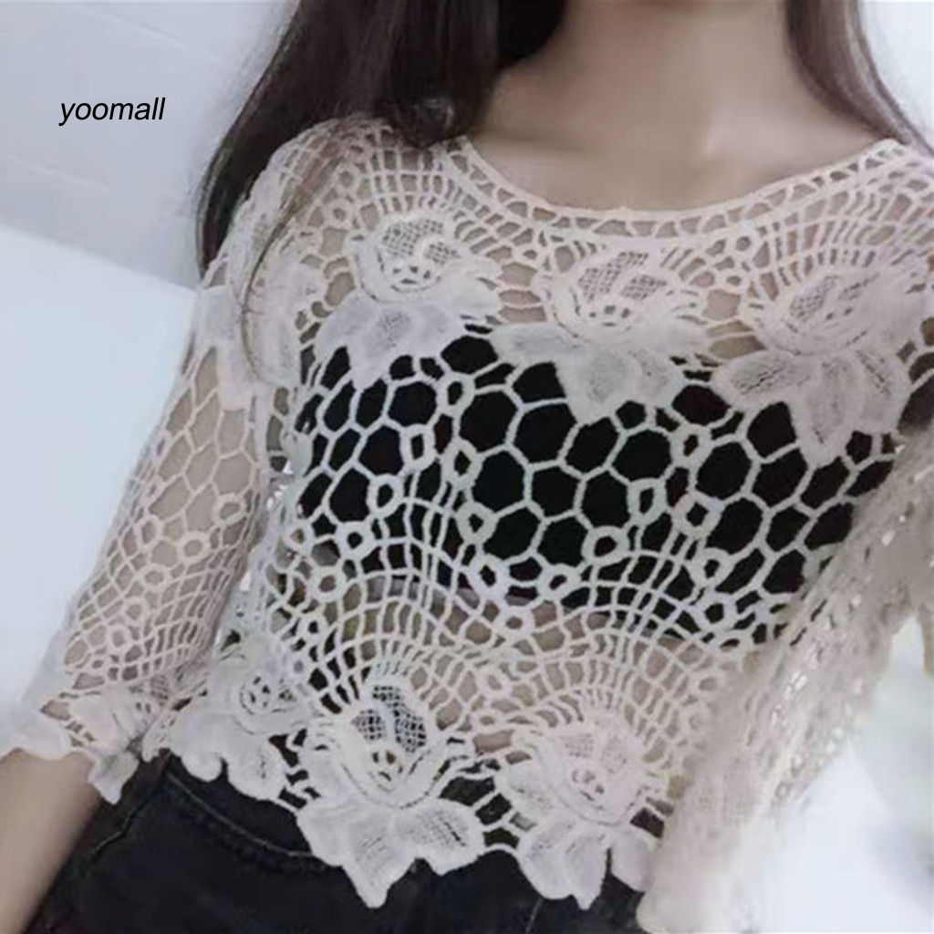 Yo / Nữ Cổ Tròn Áo Ren Chi Tiết Áo Ren Hoa Ren Thêu Che Áo Cho Nữ Thời Trang Cổ Tròn Nửa Tay Lỏng Lẻo Phù Hợp Với Áo Chui Đầu Thời Trang Đông Nam Á