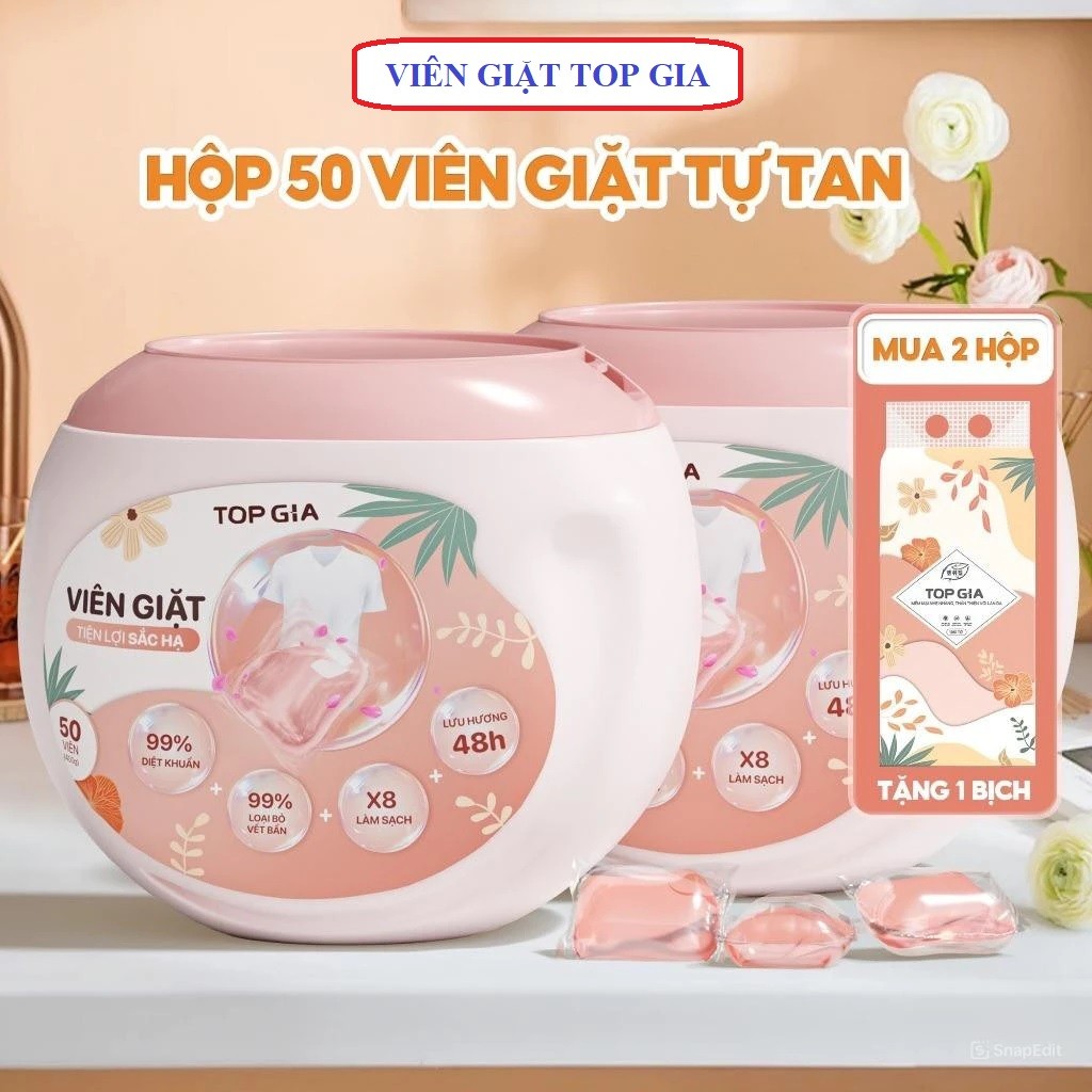 Hộp 50 viên giặt xả tự tan 3in1 lưu hương 48h làm mềm vải, tẩy trắng quần áo, an toàn cho mọi làn da