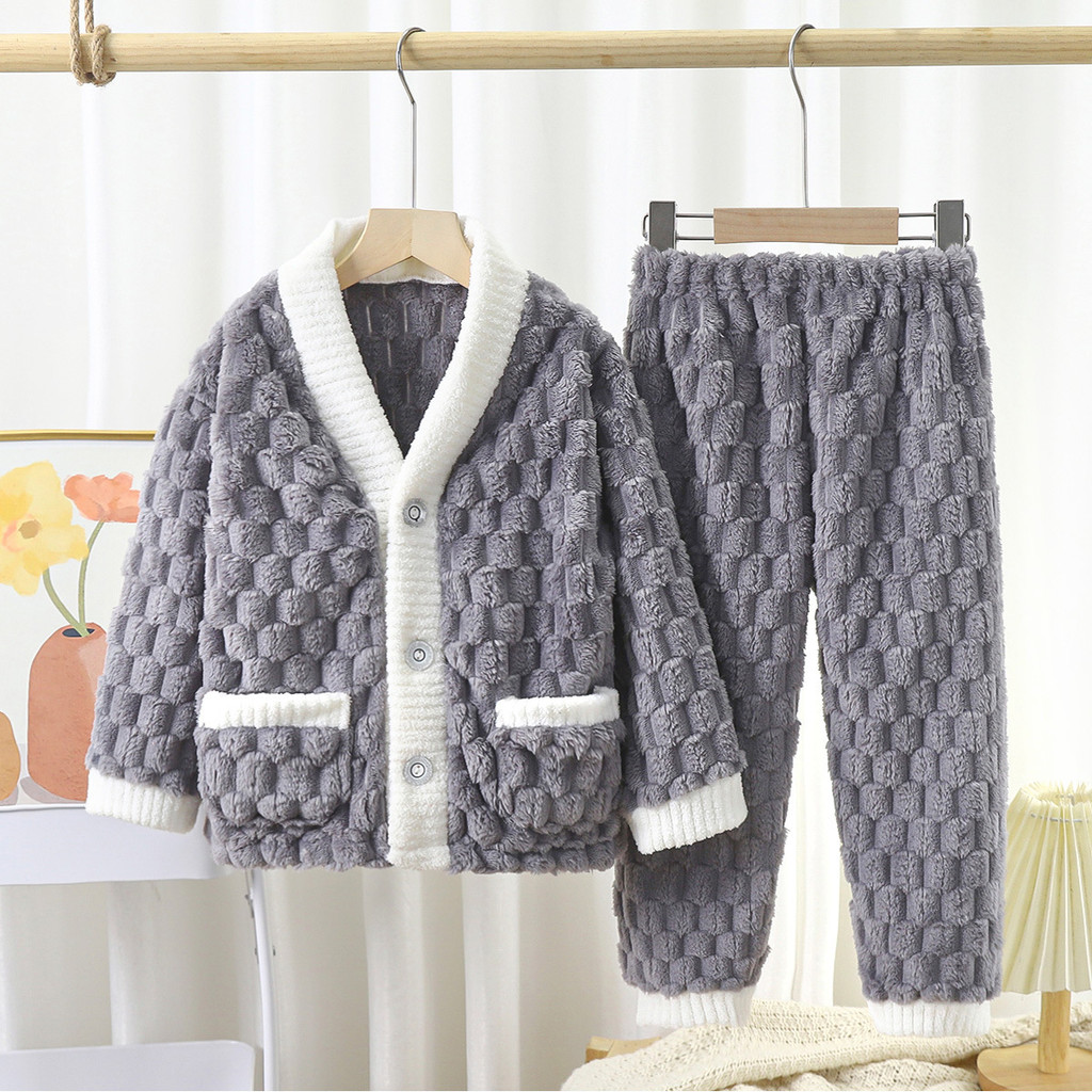Trẻ Em Flannel Bộ Đồ Ngủ Thu Đông Dày Jacquard Cánh Cứng Lông Cừu Dài Tay Quần Vừa Lớn Trẻ Em Màu Trơn Cardigan Loungewear 90-160 QWQ