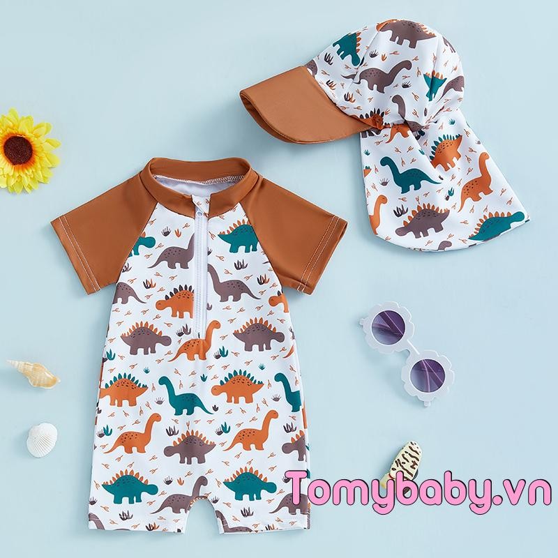 Trẻ mới biết đi Bé trai Rash Guard Đồ bơi in hình khủng long tay ngắn Mock Cổ Zip Bộ đồ tắm có nắp bơi