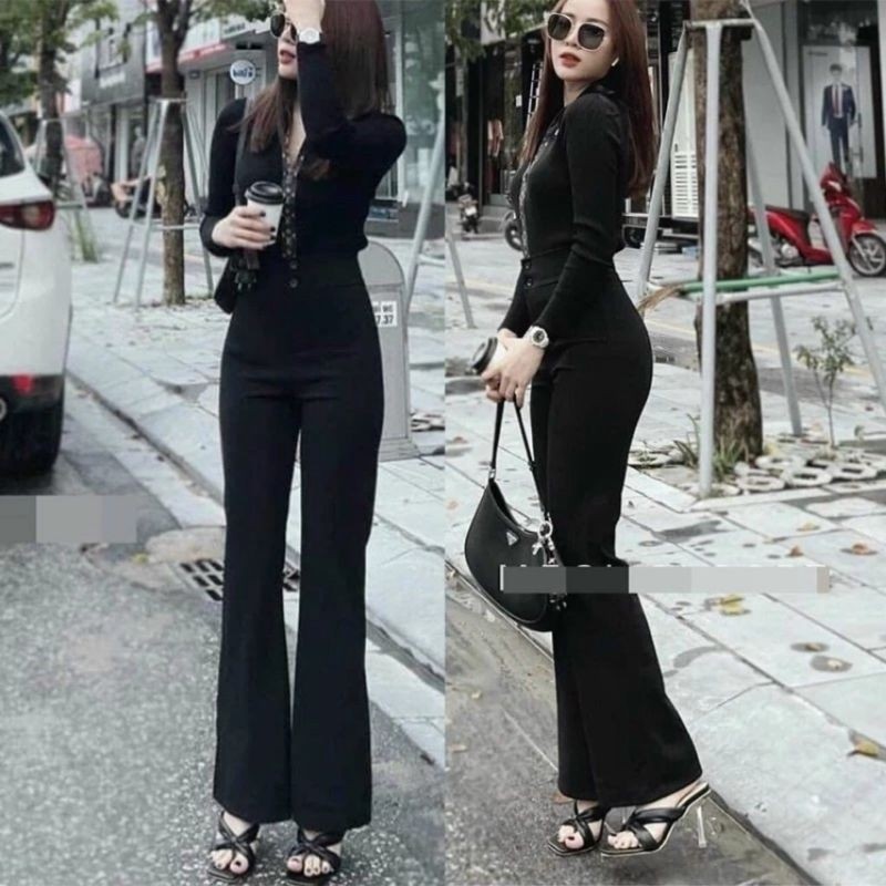 Quần tây ống loe nữ lưng  cao bản cạp to 2 cúc dáng dài, Quần vải tuyết mưa cao cấp