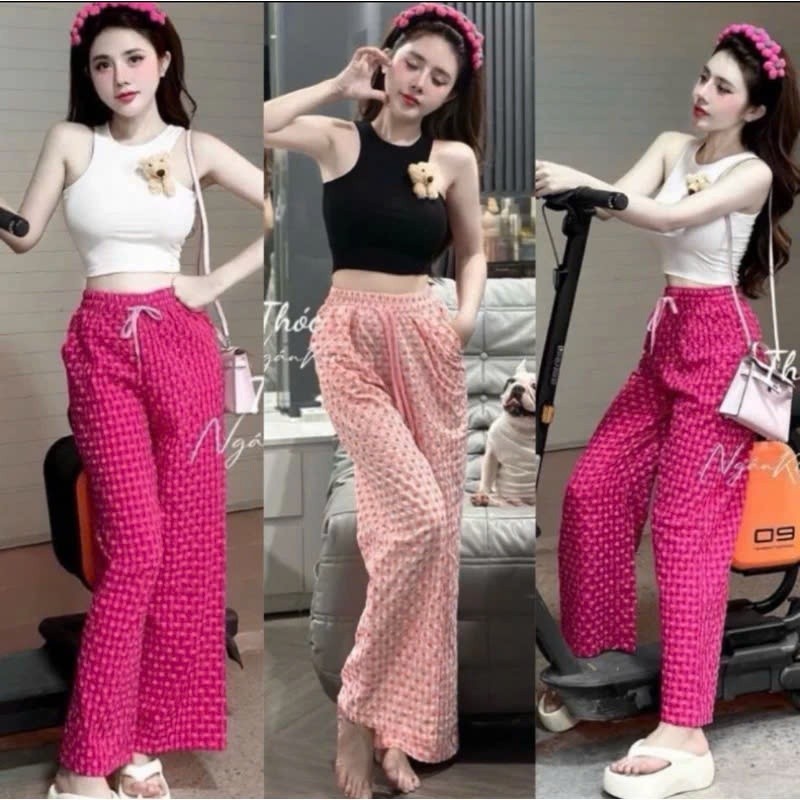 [Combo 2 chiếc] Quần ống rộng nữ họa trái tim chất vải đũi xốp mềm mại thoáng mát hot 2025