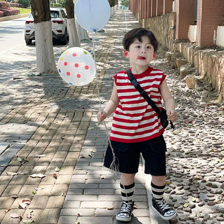 Áo phông nam nữ mùa hè rộng rãi Áo sơ mi không tay trẻ em nhỏ và vừa thường ngày kẻ sọc đỏ