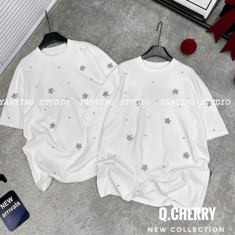 Áo Thun Đính Đá Hoa KCloset Áo Phông Cotton Dày Dặn Dáng Rộng Nữ Tính NA713