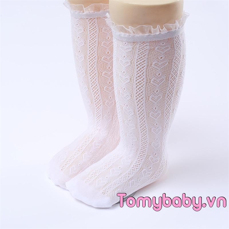 Bé Gái Đầu Gối Cao Tất Ren Trái Tim Nơ Họa Tiết Co Giãn Bền Dễ Thương Thoải Mái Tất