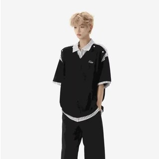 Áo Sơ Mi Sọc Chắp Vá Giả Hai Mảnh Tay Ngắn Áo Unisex Mùa Hè Đại Học Phong Cách Rời Áo Sơ Mi Polo Thường Ngày