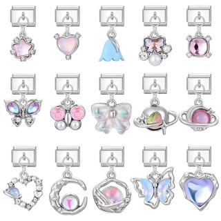 Mặt dây chuyền pha lê Bướm Love Series Ý Charm Link Fit Vòng tay bằng thép không gỉ 9mm Làm DIY