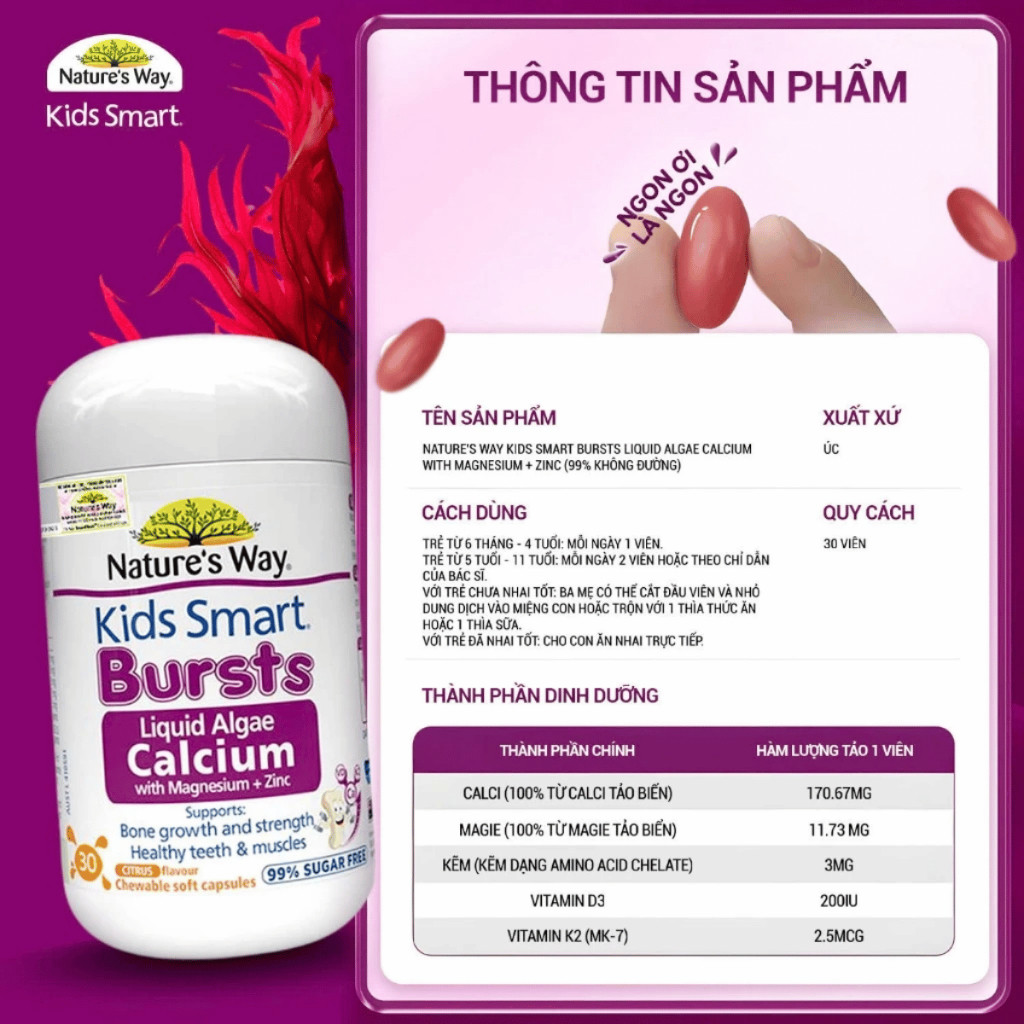 Canxi Tổ Ong Tảo Biển Đỏ Nature's Way Kids Smart Bursts Liquid Giúp Xương Răng Chắc Khỏe Cho Trẻ Từ 6 Tháng Tuổi 30 Viên