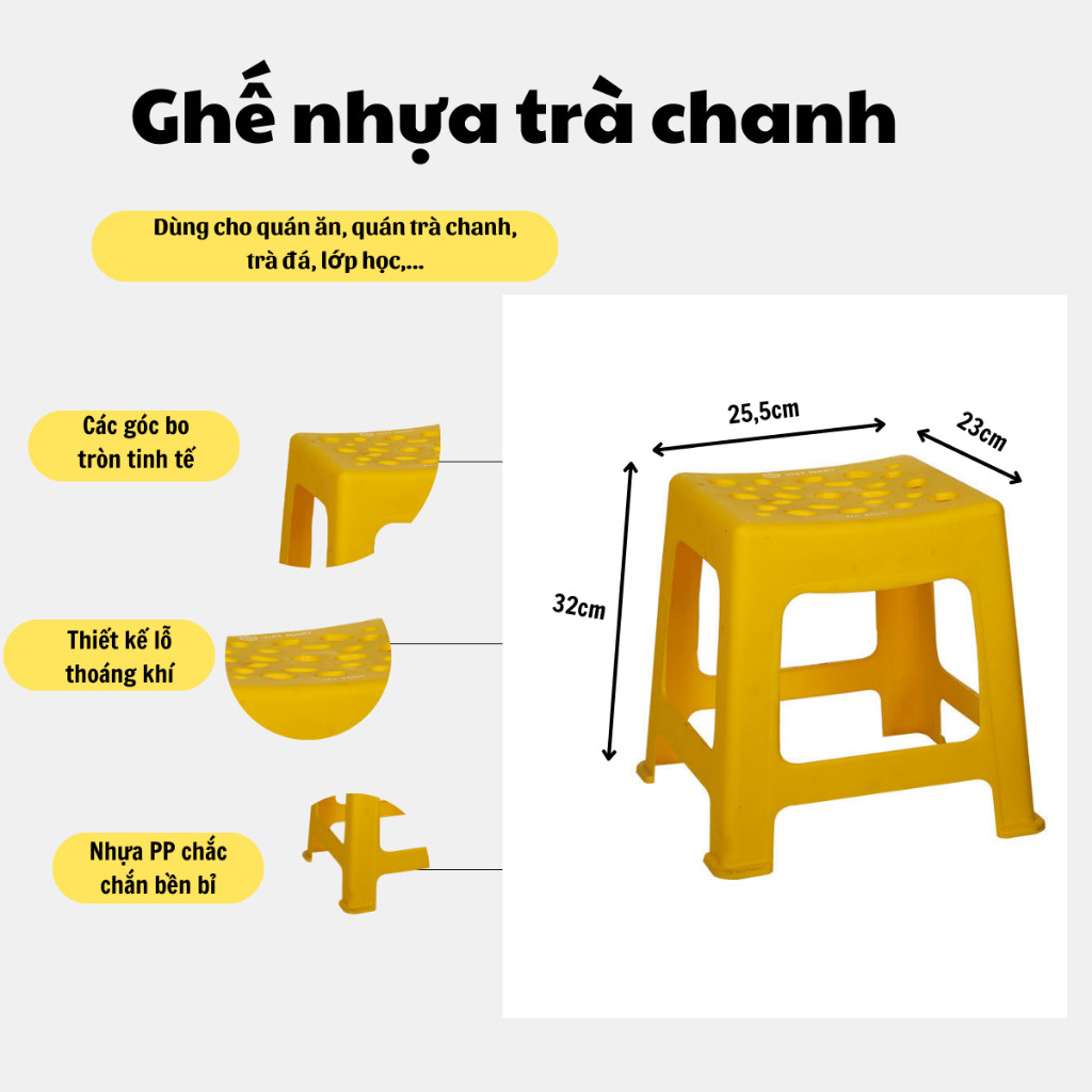 Ghế nhựa trà chanh, ghế đẩu màu xanh, vàng, cam Gia Long ngồi quán nướng, trà sữa, trà chanh vỉa hè