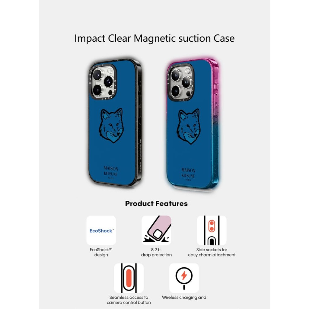 Casetify X Maison Kitsuné Màu Xanh Ốp Lưng Acrylic Cứng Hút Từ Tính Cho Apple IPhone 12 13 14 15 16 Pro Max Plus Có Hộp