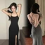 Đầm body hai dây hở lưng, chất liệu vải gân tăm Nữ Women Kem Dress Voi ❧ ✪m☆ ♡ đỏ sang vàng Đen