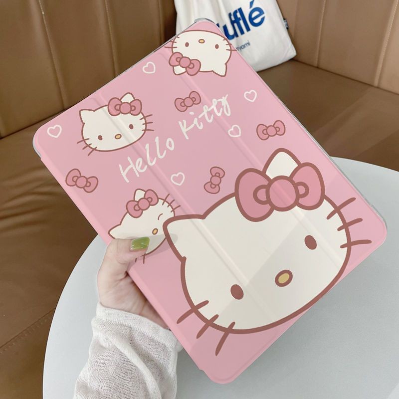 Túi khí gấp ba lần cho vỏ máy tính bảng iPad 20 / 21Pro11Air3 / 4 / 5 / 6 10.9 10.5gen10 2022Mini4 / 5 / 6 7.9 8.3 Air1 / 2 9.7gen7 / 8 / 9 10.2inch Phim hoạt hình Hello Kitty có khe cắm bút Vỏ bảo vệ