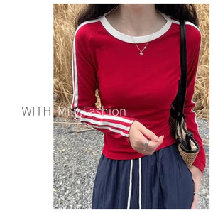 Milyfashion Dralon American Striped Shoulder Long Sleeve Red T T-shirt round Neck Early Autumn Slim-Fitting New Bottoming Hot Girl Short Top