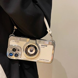 Sang Trọng 3D Camera Mạ Bạc Da Trắng Wrsit Dây Đeo Ốp Lưng Điện Thoại iPhone 17Promax 16Promax 12 13 14 15 Pro Max Chống Sốc Nữ Di Động Bao