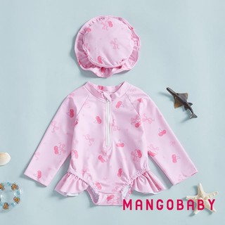 Mg-toddler Bé Gái Rash Guard Đồ Bơi Có Mũ 2 Bộ Nơ Họa Tiết Kéo Dài Tay Cổ Tròn Bé Gái Đồ Bơi