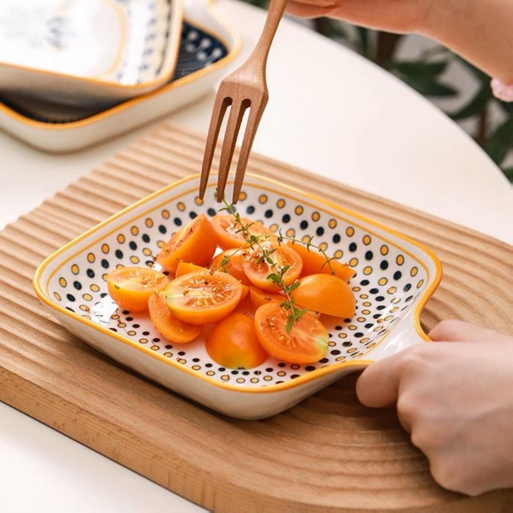 Đĩa Decor Có Tay Cầm  size 15x15cm Bắc Âu Scandinavia, Khay Sứ Vuông Tay Cầm Cao Cấp