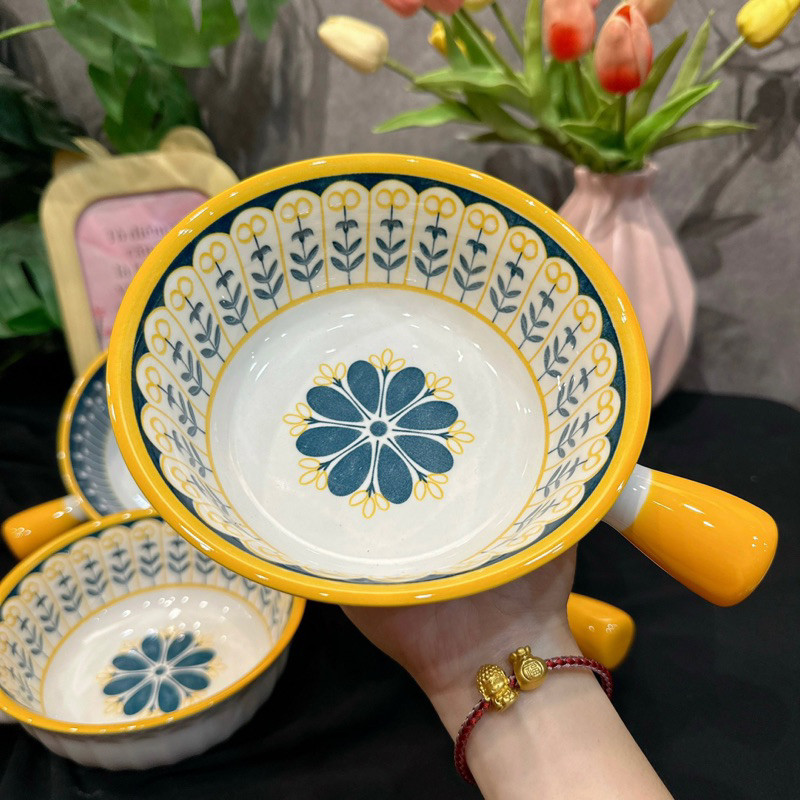 Chảo sứ, tô sứ tròn có tay cầm thổ cẩm, trang trí món ăn kiểu Bắc Âu, chảo tròn tay béo thổ cẩm