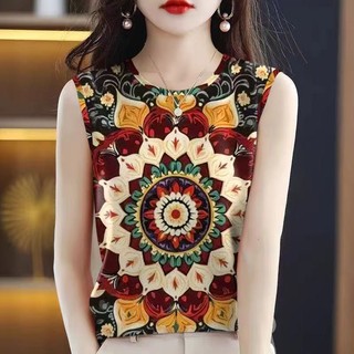 Mùa Hè 2025 Cổ Tròn Phong Cách Dân Tộc In Hình Băng Lụa Áo Nữ Trung Niên Người Cao Tuổi Không Tay Top
